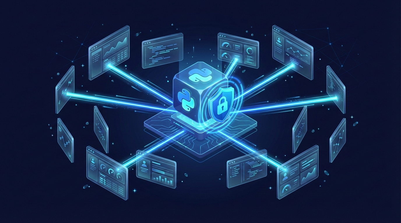 Server-side architecture: Python server connected to thin-client browsers via WebSocket