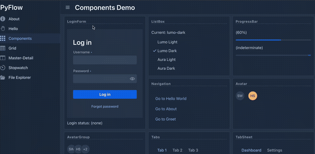 Component Gallery showing LoginForm, ListBox, ProgressBar, Avatar, Tabs, MenuBar and more